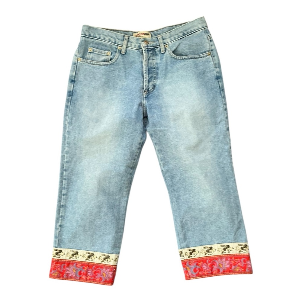 LONDONJEAN Light Blue Jeans with Red and Cream Ribbon Trim